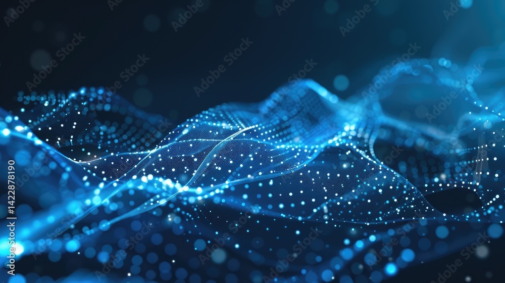 Poster an abstract blue background featuring a wave of dots and lines, creating a dynamic and modern visual