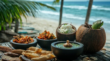 A tropical beachside setting with coconut chutney served in a coconut shell, accompanied by traditional snacks.