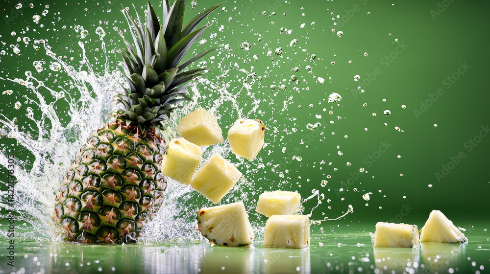 Poster ripe pineapple splashes into water, creating dynamic droplets and showcasing fresh pineapple chunks.