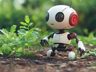 Cute robot exploring a garden; futuristic farming scene;  potential use in educational materials