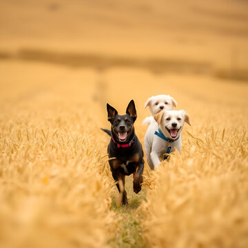 Family dogs enjoying romping in golden wheat field at Pickmere, Knutsford, Cheshire, UK