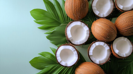 Fresh coconuts and coconut halves arranged on green palm leaves create tropical and vibrant scene. natural textures and colors evoke sense of freshness and relaxation