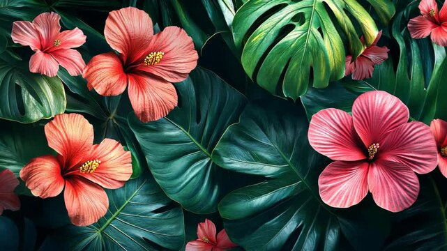 Hibiscus flowers and monsteras leaves in a tropical botanical arrangement pattern
