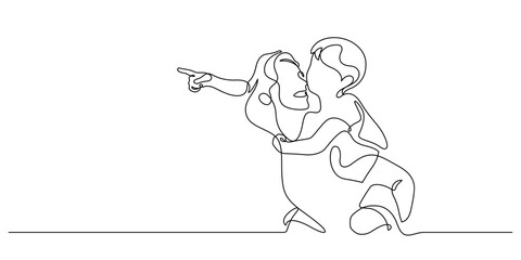 happy mother piggyback son pointing posing one line continuous drawing minimalism decorative art hand drawn