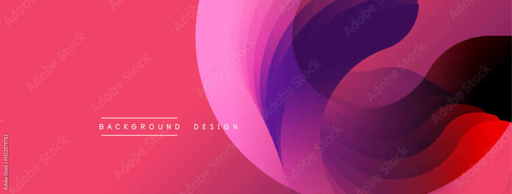 Poster abstract flowing shapes create dynamic visual. pink, purple hues dominate composition. modern design