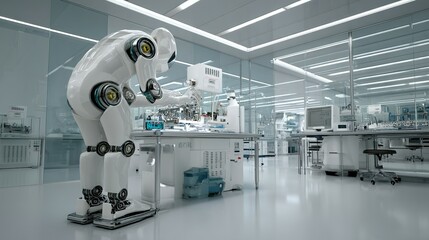 White robot conducts research in a sterile laboratory.