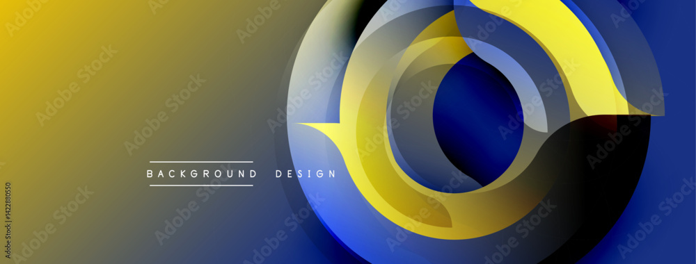 Poster Abstract design features overlapping circles, gradients. Yellow, blue, gray tones create dynamic visual effect. Modern background suitable for presentations, branding.