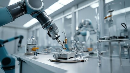 Robotic arm precision manipulates components in a modern laboratory setting.