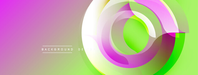 Abstract design features layered circles, vibrant pinks, greens, whites. Gradient background creates smooth transition. Modern, dynamic visual element.
