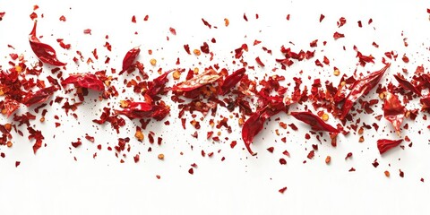 Vivid dynamic capture of red chili flakes with scattered milled paprika on a bright white background.