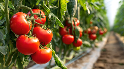 Obraz premium Ripe Red Tomatoes Growing on Vines in a Greenhouse, Indicating a Healthy and Abundant Harvest in a Controlled Environment.