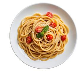 spaghetti carbonara served on a white plate, simple layout with room for text, pastel cream background