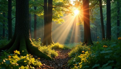 Obraz premium Wald scenery with sunbeams illuminating tree trunks and undergrowth, forest scenery, environment