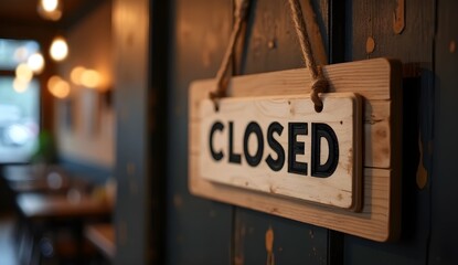 Wooden closed sign hangs on dark door inside cozy empty cafe