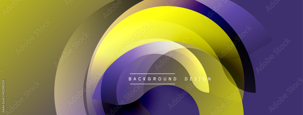 Poster abstract design features layered, overlapping circles. colors transition from yellow, purple, olive.