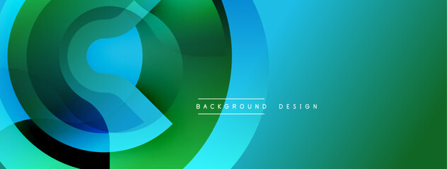Abstract geometric design. Overlapping circles create dynamic visual effect. Gradient shades of green, blue dominate composition. Modern background texture.