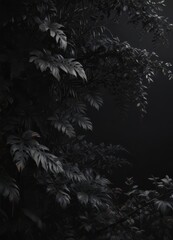 Intricate network of dark tropical foliage, vines, and shadows against a stark black backdrop  Mysterious, dense, and deeply saturated tones , photography, illustration, botanical