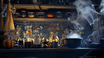 Enchanting witch's pantry filled with magical ingredients and potions for spells