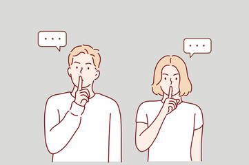 Young man and woman making shush gesture with their fingers on lips, signaling silence. Hand drawn style vector design illustrations.