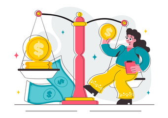 Illustration of Comparing Prices and Inflation in the Economy, featuring a Balance Scale with Goods and Price Tags to Represent Economic Value Changes