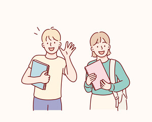 School kids friends. Cute happy girls children mates meeting, greeting with hi gesture. Hand drawn style vector design illustrations.
