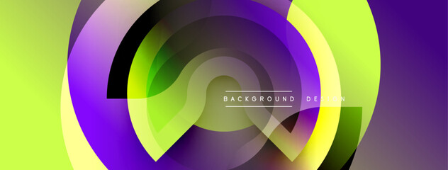 Abstract vibrant design features overlapping circles, gradients. Colors include purple, green, yellow, black. Modern aesthetic suitable for digital backgrounds, presentations.