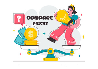 Illustration of Comparing Prices and Inflation in the Economy, featuring a Balance Scale with Goods and Price Tags to Represent Economic Value Changes