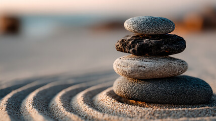 Balanced round stones stacked on raked sand in a Zen garden symbolize inner peace, harmony, and mindfulness through simplicity and nature-inspired design rooted in Eastern philosophy

