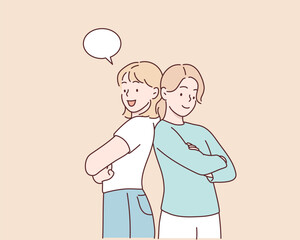 women standing back to back with crossed arms. Hand drawn style vector design illustrations.