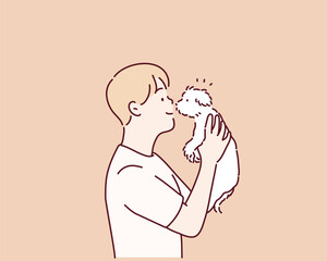 Male pet owner plays with little dog. Caring for four-footed friend concept. Happy man holding cute puppy friend. Hand drawn style vector design illustrations.
