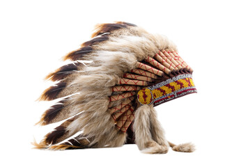 Native American war bonnet headdress with feathers and beads on a transparent background. Symbol of indigenous culture and heritage.