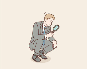 Businessperson Examining with a Magnifying Glass. Hand drawn style vector design illustrations.