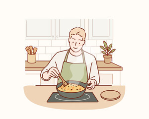 Man Cooking Fried Rice in a Pan at Home. Hand drawn style vector design illustrations.