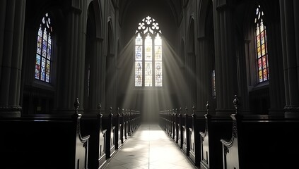 Fototapeta premium Monochrome photograph of a sunbeam piercing through tall stained glass windows in a Gothic cathedral, highlighting intricate stone arches and empty pews.