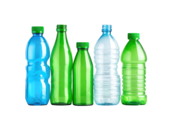 Colorful plastic bottles on a transparent background. Concept of recycling, environment, and sustainability.