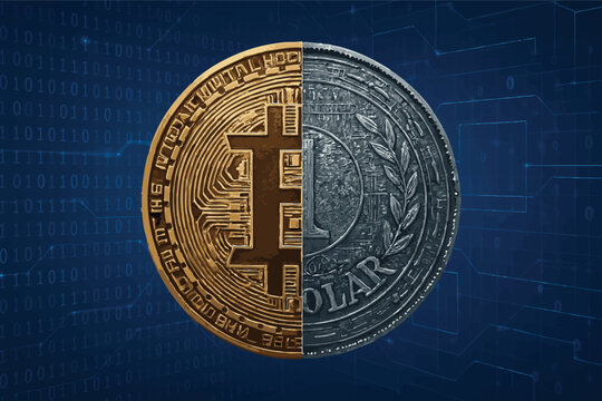 Half digital bitcoin and half traditional dollar coin, representing contrast between cryptocurrency and fiat money in digital economy against a binary code background. Concept of crypto vs. coin.