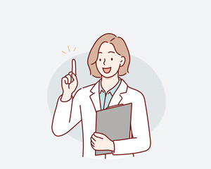 Business woman pointing finger at something. Happy face. Hand drawn style vector design illustrations.