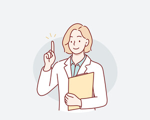 Business woman pointing finger at something. Happy face. Hand drawn style vector design illustrations.