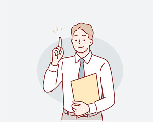 Business man pointing finger at something. Happy face. Hand drawn style vector design illustrations.