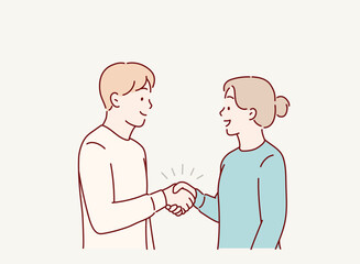 Good communication between business partners. People colleagues respecting personal boundaries. The man and the woman shake hands.Hand drawn style vector design illustrations.