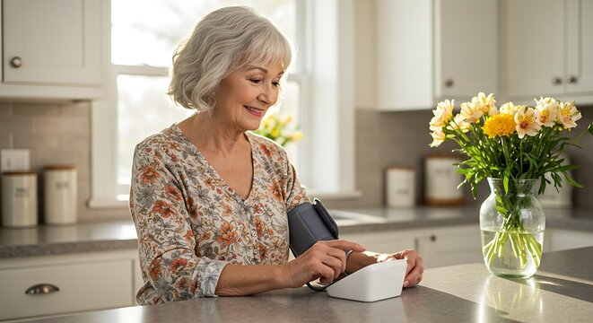 Senior Woman Checking Blood Pressure at Home