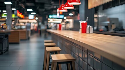 Obraz premium A modern, stylish cafe interior featuring a wooden counter, red light fixtures, and empty stools, creating a welcoming atmosphere.