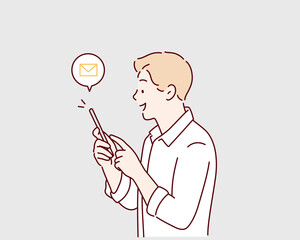 Man Messaging With Phone. Hand drawn style vector design illustrations.