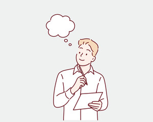 man thinks, holds pen and paper, writing down, making notes, standing over white background. Hand drawn style vector design illustrations.