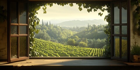 Vineyard View Through Open Window at Sunrise