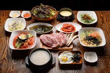 Korean style grilled pork table setting
