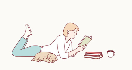 A young woman lying on the floor reading a book. With a cat. Hand drawn style vector design illustrations.