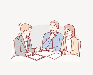 man and woman couple receiving an explanation from a woman in a suit. Hand drawn style vector design illustrations.