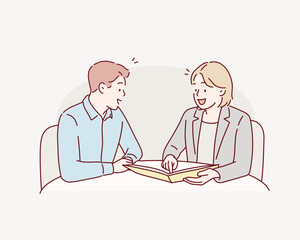 Bank clients consult with financial adviser. Customer and consultant at desk, applying documents for loan, mortgage, credit. Finance department. Hand drawn style vector design illustrations.