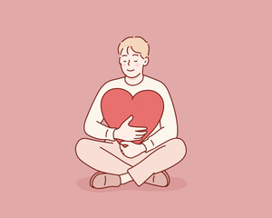 Love yourself, Self care, Man hugging heart, acceptance and self love. Positive psychology, optimism and mental health. Hand drawn style vector design illustrations.